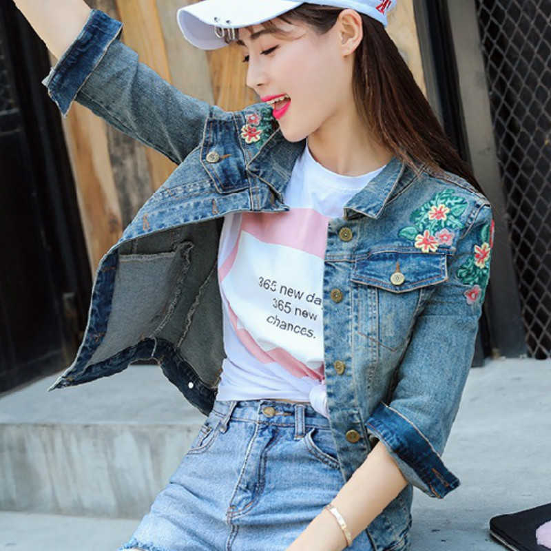 

Female Jacket Denim Spring and Autumn Korean Embroidery Flower Decoration Pilot 210527