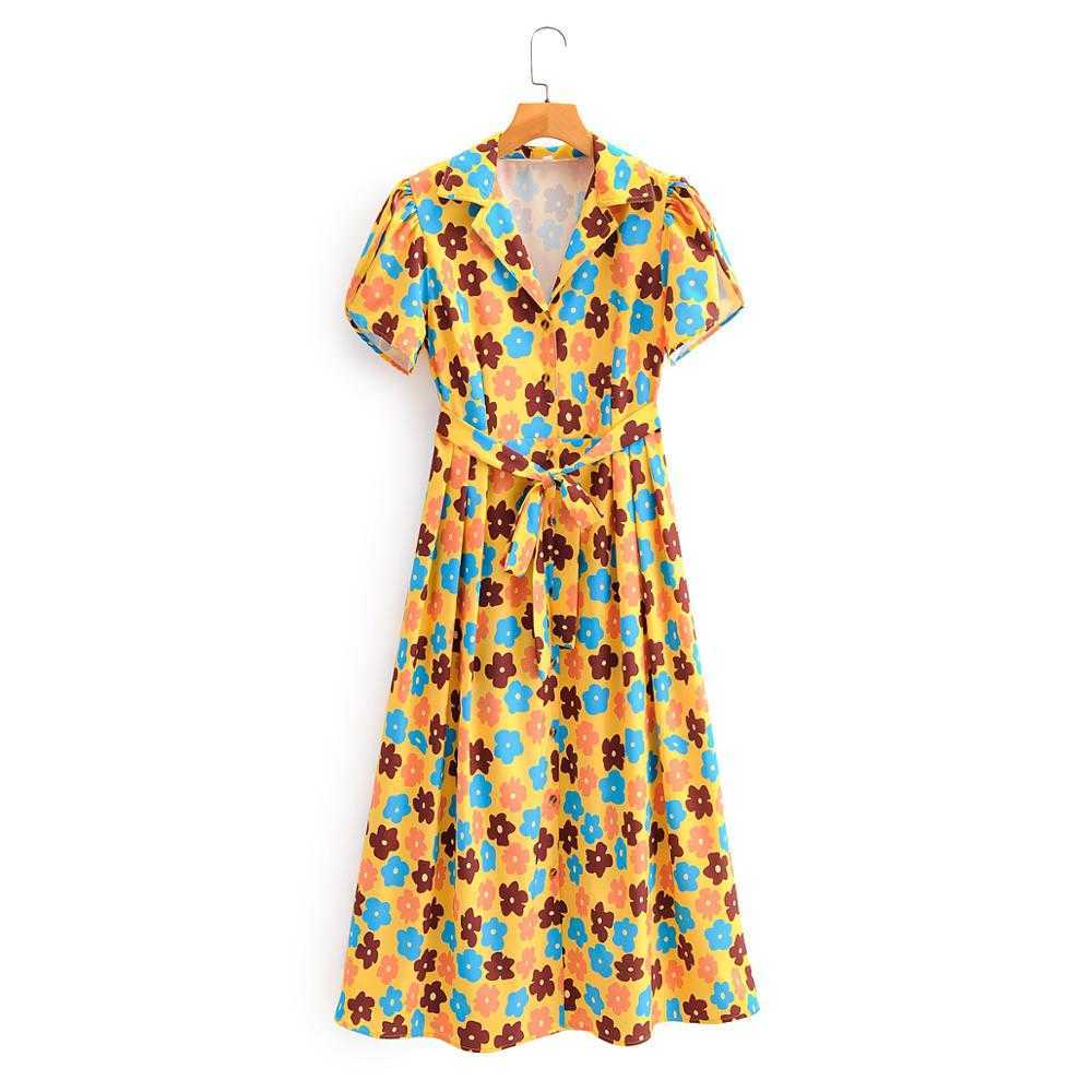 

women vintage pleats puff sleeve flower print bow tied sashes midi shirt dress female retro turn down collar dresses DS3844 210603, As pic ds3844ff