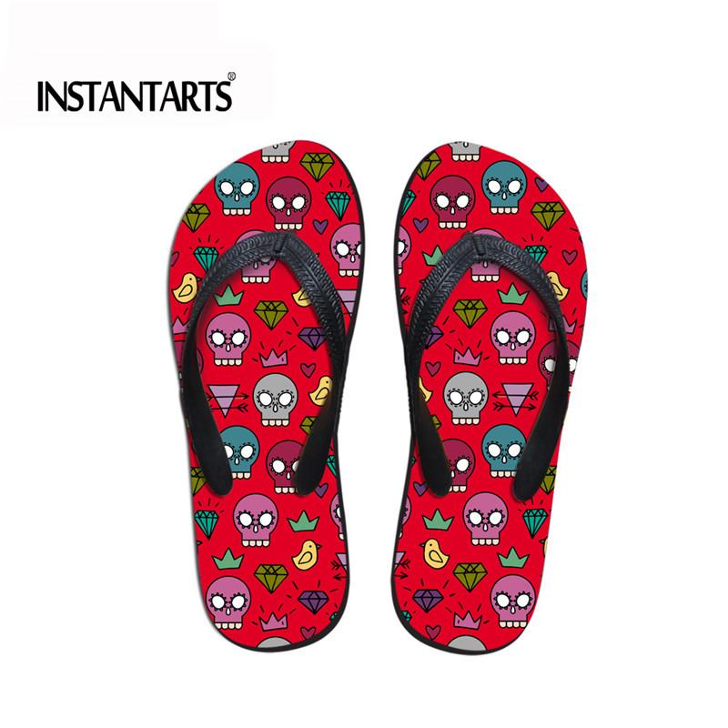 

Slippers INSTANTARTS Cartoon Cute Skull Puzzle Pattern Women Flip Flops Casual Ladies Rubber Summer Flipflops For Teenager Girls, Black