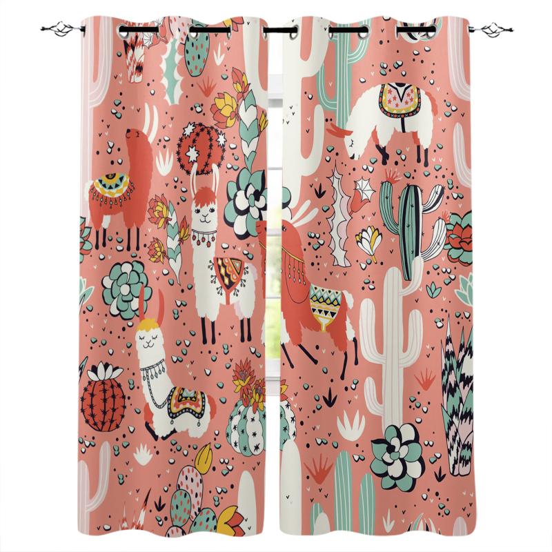 

Curtain & Drapes Flower Cactus Pink Alpaca Red Illustration Children's Bedroom Curtains Modern Decoration Home Living Room