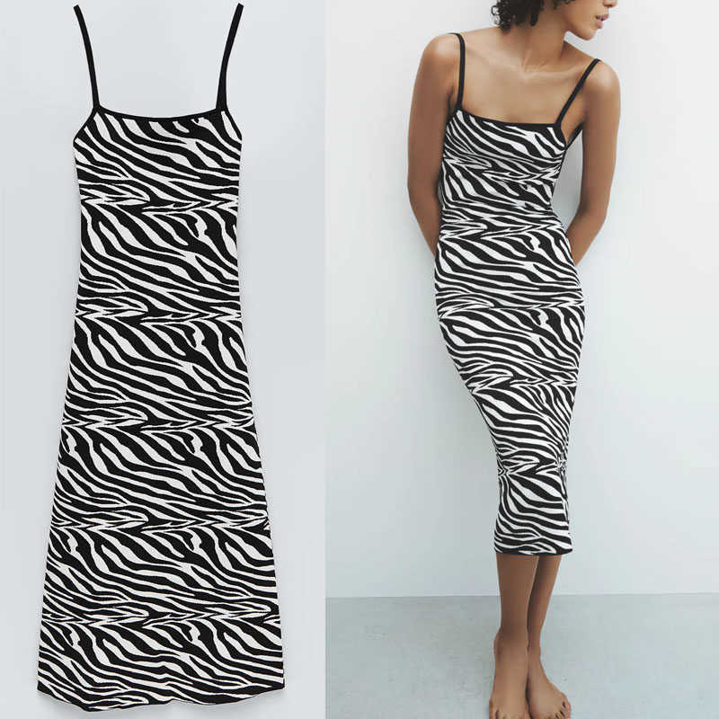 

Za Vintage Animal Print Long Dress Women Sleeveless Backless Sexy Party Dresses Woman Chic Spaghetti Straps Summer Dress 210602, Black