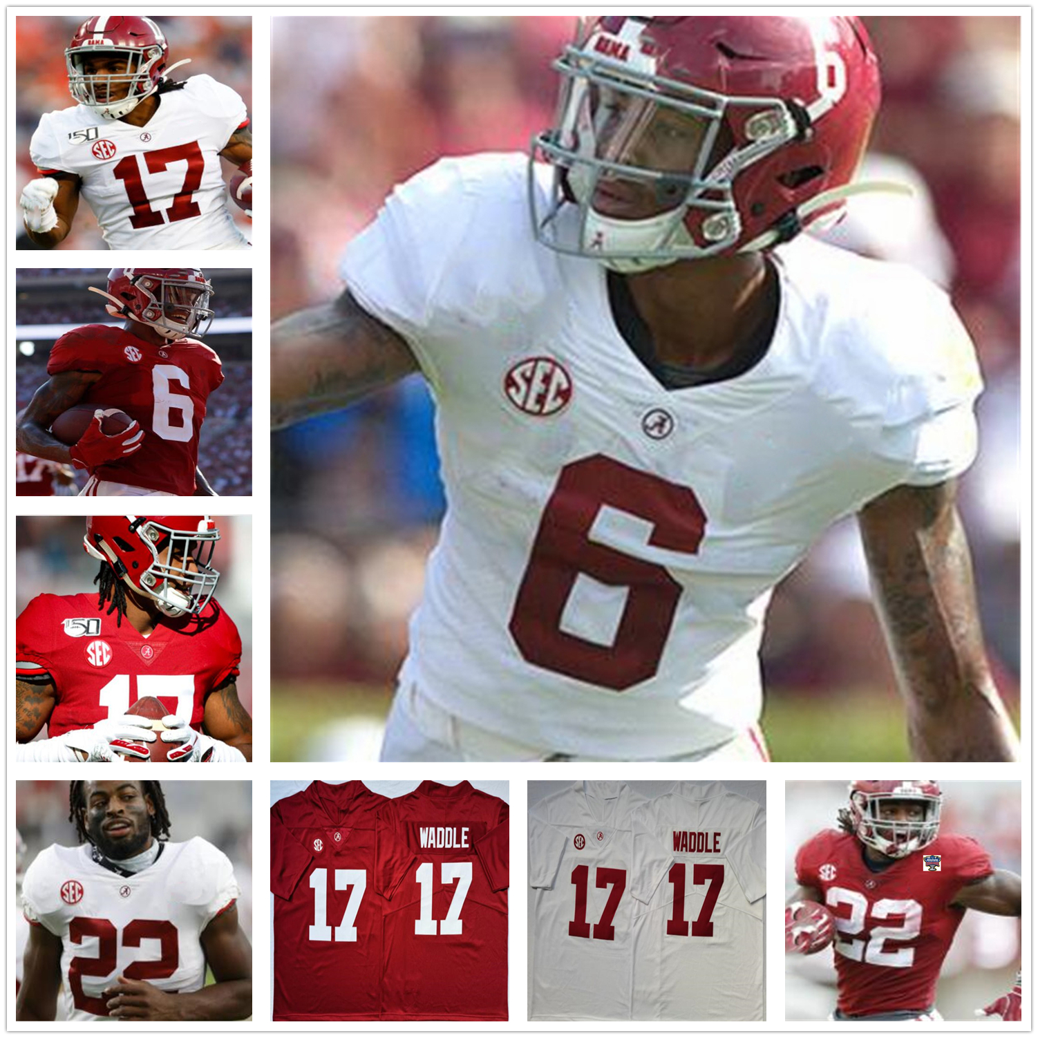 

Alabama Crimson Tide Jersey College 6 Devonta Smith 13 Tu. Tagovailoa stitched 3 ridley 22 Najee Harris 12 Joe Namath 150TH rose patch jerseys, Black;red