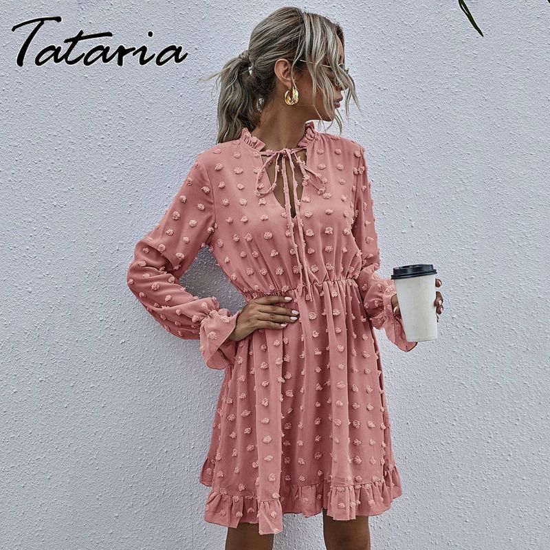 

2021women pink dress for ladies applique chiffon shirt dress women ruffled neck long sleeve high waist mini summer dress vestido, Black;gray