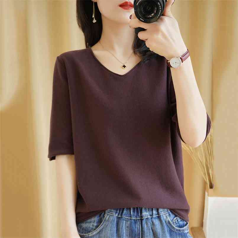

T-shirt women summer pure cotton knitted sweater half sleeve casual plus size tops v-neck pullover tees 210708, Black
