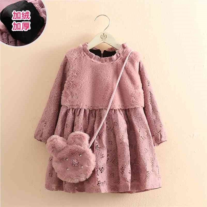 

Winter 2-10 11 12 Years Teenage Crew-Neck Embroidery Long Sleeve Thickening Plus Velet Kids Baby Girls Lace Dress With Bag 210701, Pink