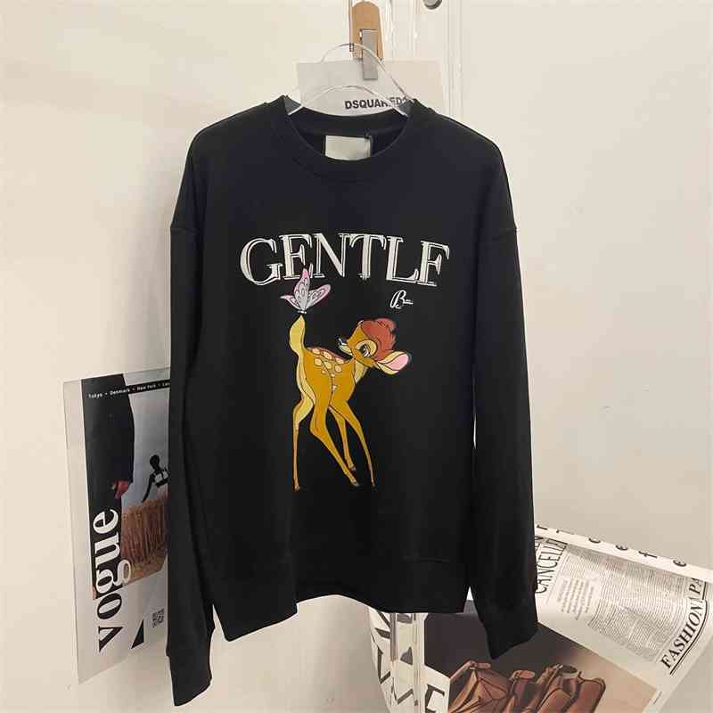 

2021 early autumn new infi female deer Bambi print Pullover round neck loose sweater, Black