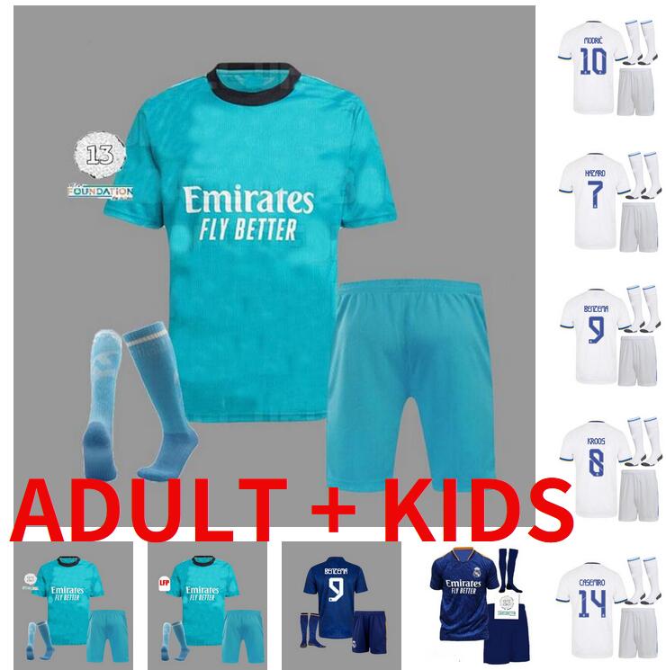 

adult kids kit+socks REAL MADRID soccer jerseys 21 22 BENZEMA HAZARD SERGIO RAMOS Casemiro ASENSIO VINICUS JR MODRIC 2021 2022 camiseta men full sets football shirts
