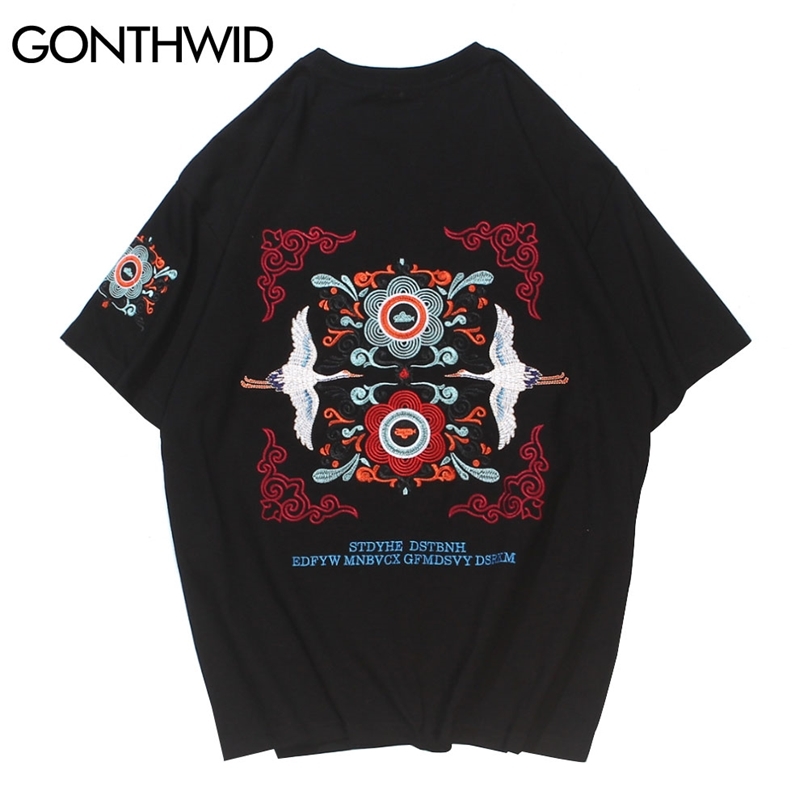 

Tshirts Hip Hop Streetwear Men Embroidery Cranes Flowers Cotton T-Shirts Casual Harajuku Loose Short Sleeve Tees Tops 210602, Black