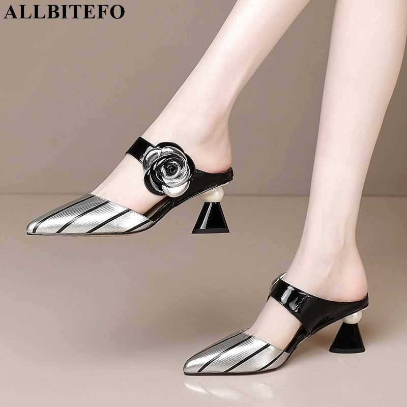 

ALLBITEFO size:34-42 retro flowers genuine leather brand high heels shoes summer women slippers women sandals flip flops 210611, As picture