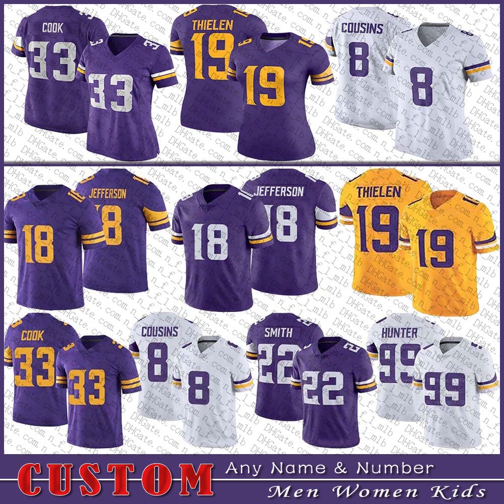 

19 Adam Thielen Football Jersey 21 Patrick Peterson 33 Dalvin Cook 18 Justin Jefferson 22 Harrison Smith 99 Danielle Hunter Custom Men Women Kids Minnesota Viking, Shown