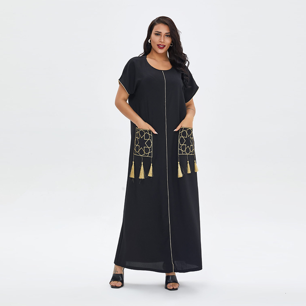 

Casual Dresses Short Sleeve Ramadan Eid Mubarak Abaya Dubai Muslim Hijab Dress Turkey Islam Clothing Robe Longue For Women Vestido, Black