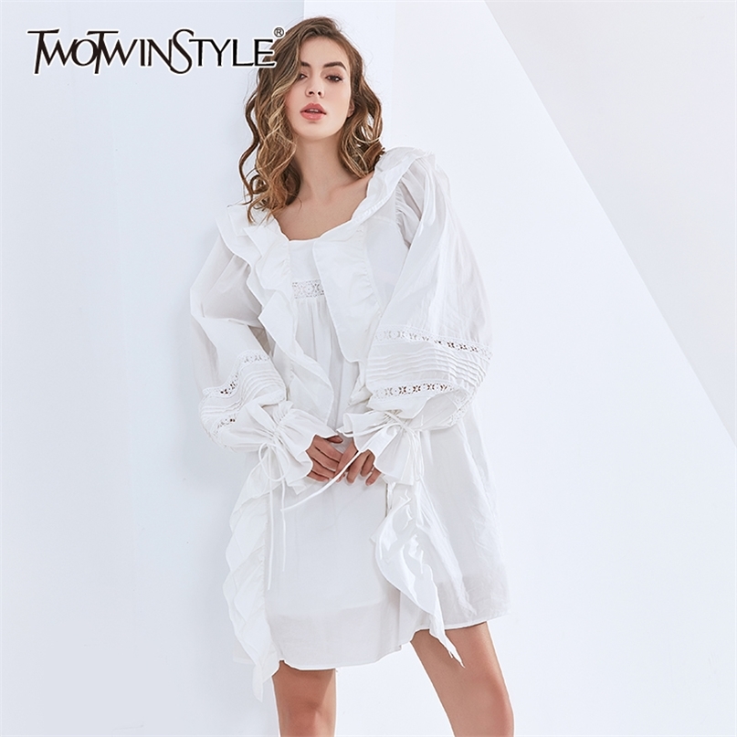 

Minimalist Patchwork Ruffle Dress For Women Square Collar Lantern Sleeve High Waist Mini Dresses Female Fashion 210520, Black