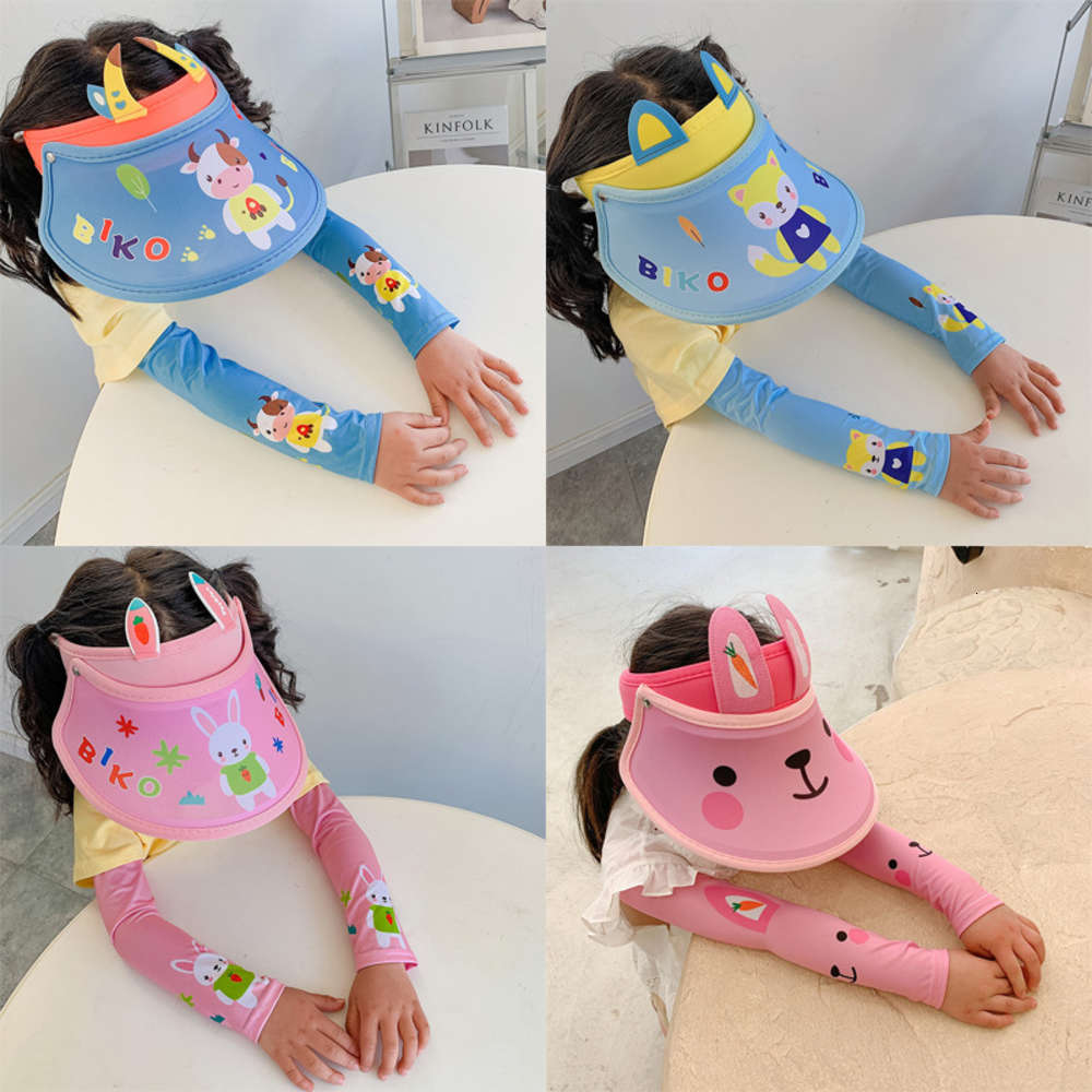 

Children's cartoon open top sun cap ice sleeve set UV protection, Yellow
