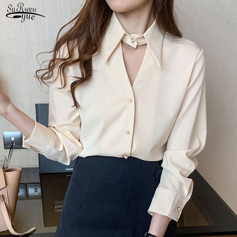 

Autumn Korean Style Long Sleeve Lapel Hollow Silk Chiffon Shirt Women White Blouse Beaded Tops Chemisier Femme 10561 210521, Red