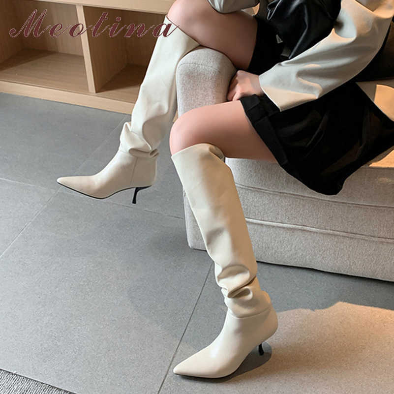 

Meotina Real Leather High Heel Woman Boots Pointed Toe Knee High Boots Thin Heel Shoes Female Long Boots Autumn Winter Beige 43 210608, Beige synthetic lin