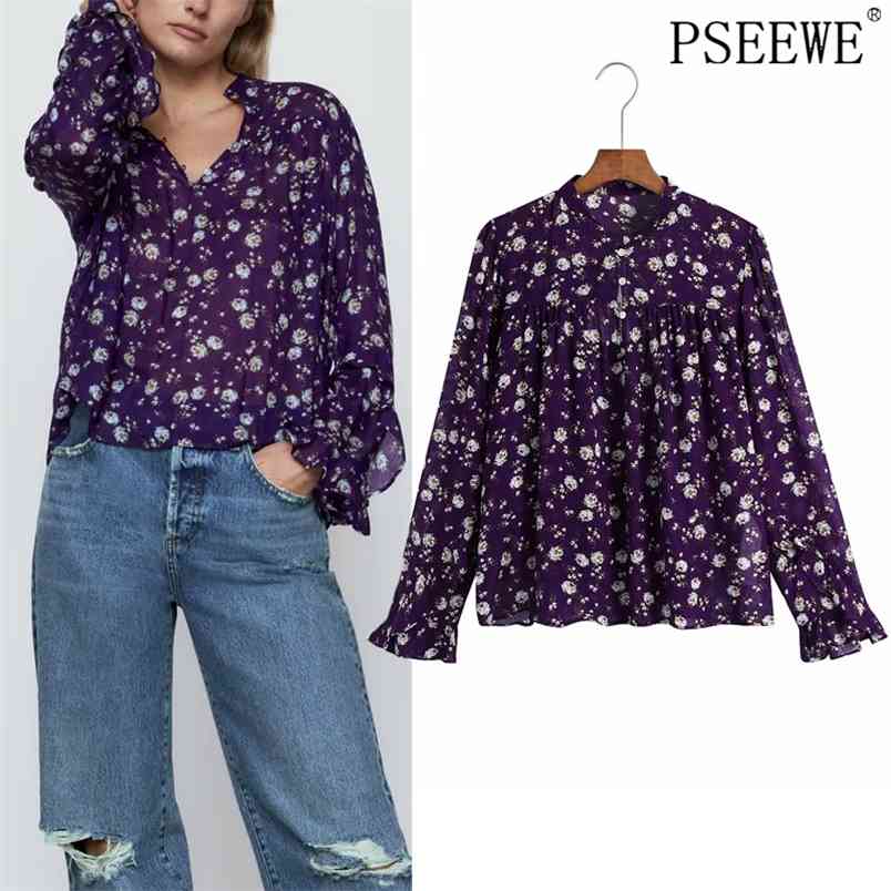 

Blouse Women Purple Floral Top Woman Frilled Cuffs Long Sleeve Tops Ladies Ruched Button Up Casual Vintage 210519