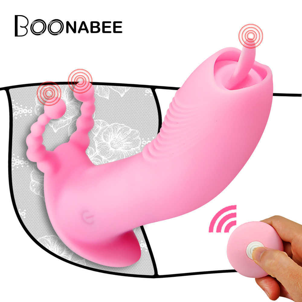 Wireless Remote Wearable Dildo Vibrator For Women Couples Toy Dual Stimulation Tongue licking Butterfly Panties Vibrator Q0602-image-703223750
