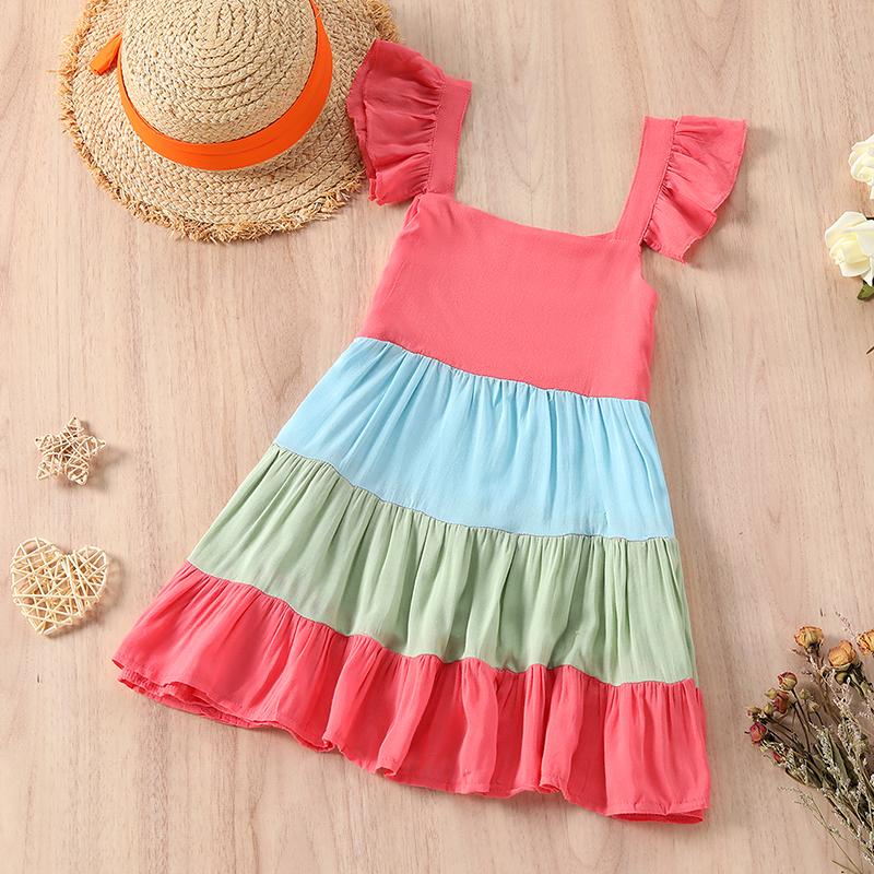 

Girl's Dresses Little Girls Princess Dress Summer Autumn Toddlers Sweet Style Contrast Color Square Collar Wide Hemline Sleeve Skirt, Red;yellow