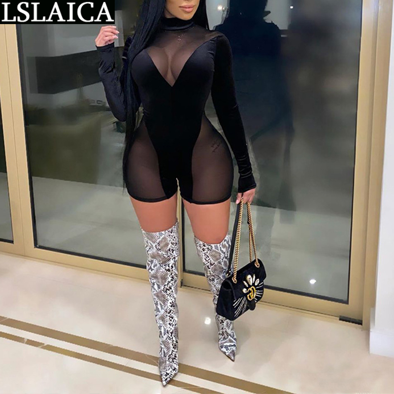 

Rompers Womens Jumpsuit Shorts Mesh Patchwork See Through Fashion Jumpsuits Skinny Sexy Clubwear Body Suits for Women Romper 210520, Beige