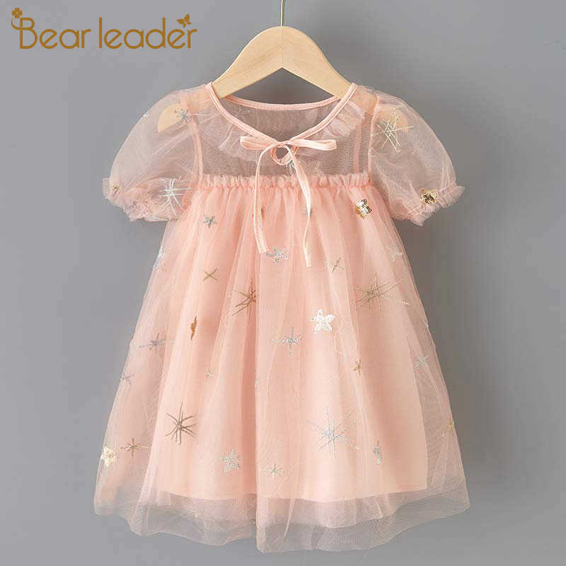 

Bear Leader Kids Girls Dress Summer Voile Princess Dresses Embroidery Dress Costumes Sequin Stars Children Clothing Suits 210708, Az2320 pink