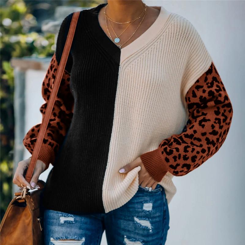 

Women' Sweaters 2021 Autumn Winter Women Vintage Leopard Pullovers And Patchwork Brown Knit Jumpers Loose Styler Korean Pull, White