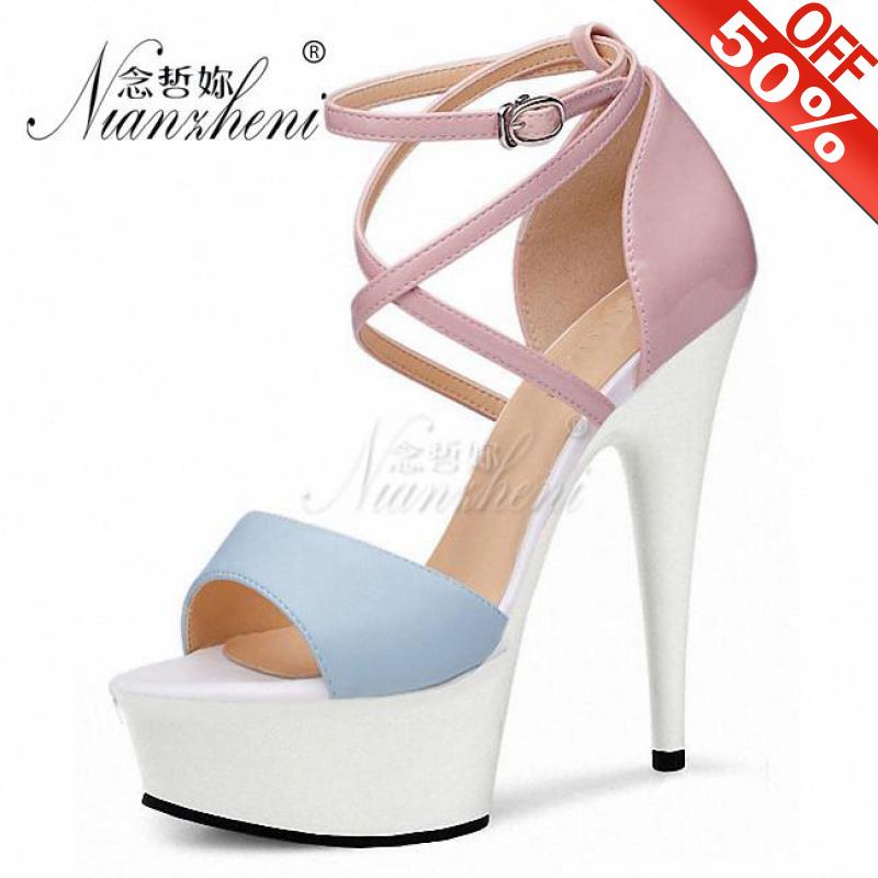 

16cm Woman Summer Platform Stiletto Sandals Pole Dance Dress Ankle Strap Gladiator Shoes 6 Inch Sexy Color Block High Heels, Black