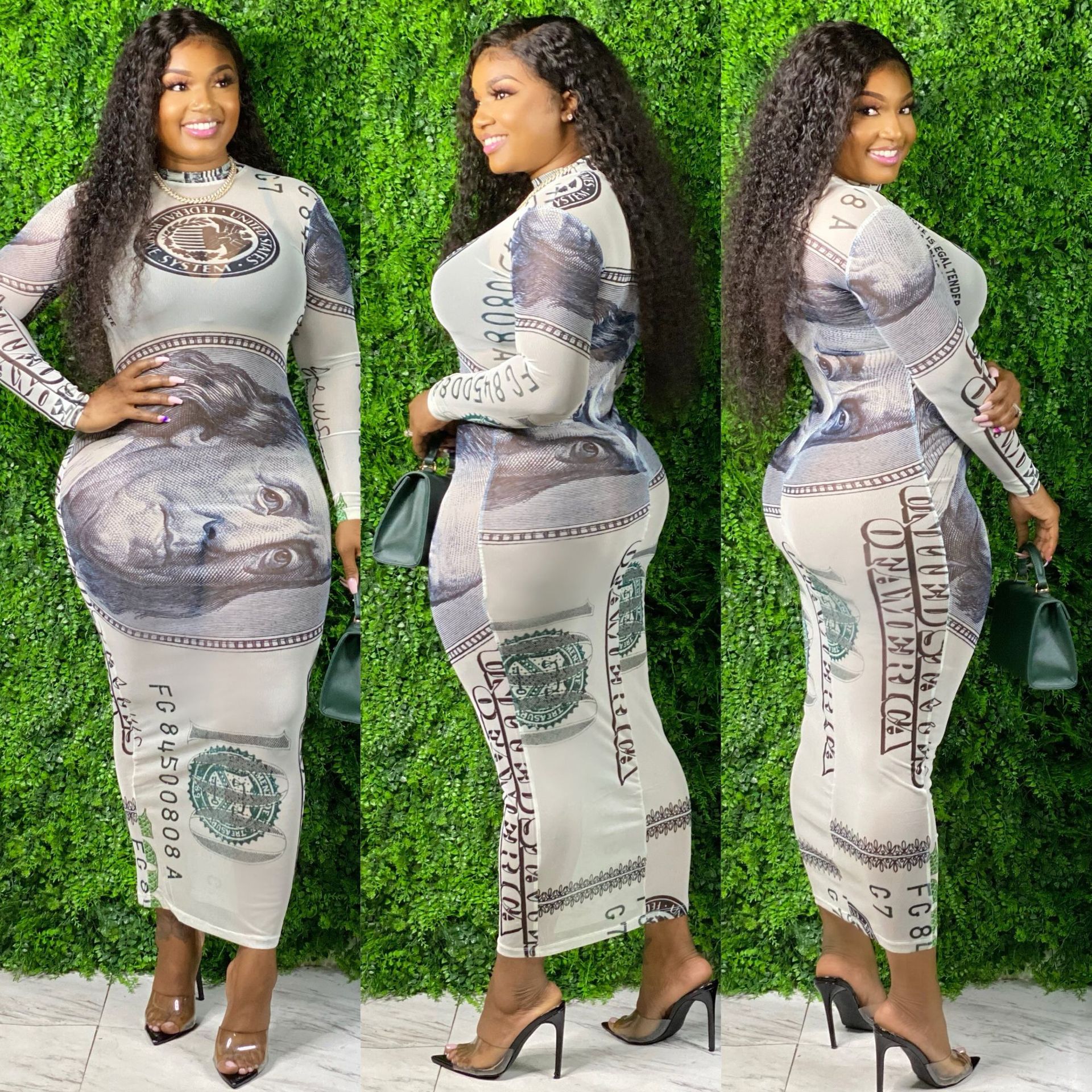 

2021 New Dresses Sexy Long Sleeve Skinny Chic Print Club Dresses Women's Personalized Tight Skirt, Black;gray