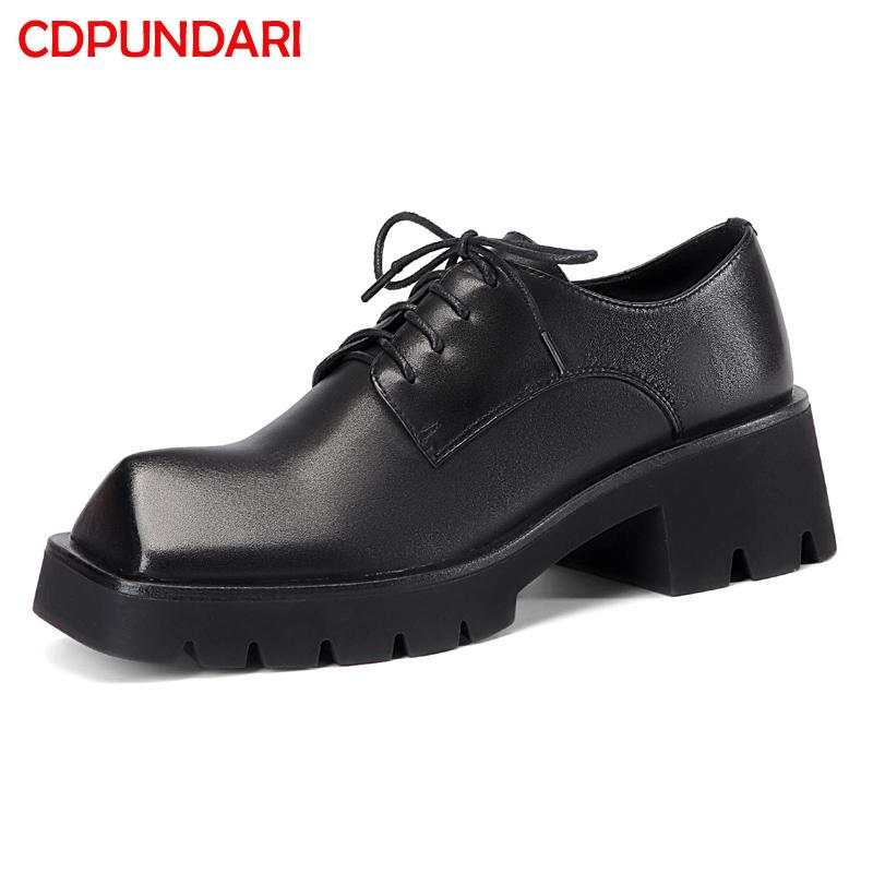 

Dress Shoes Fashion Black Genuine Leather Square Toe Rhinoceros Horn Loafers Women Spring Summer Lace Up Casual Girls