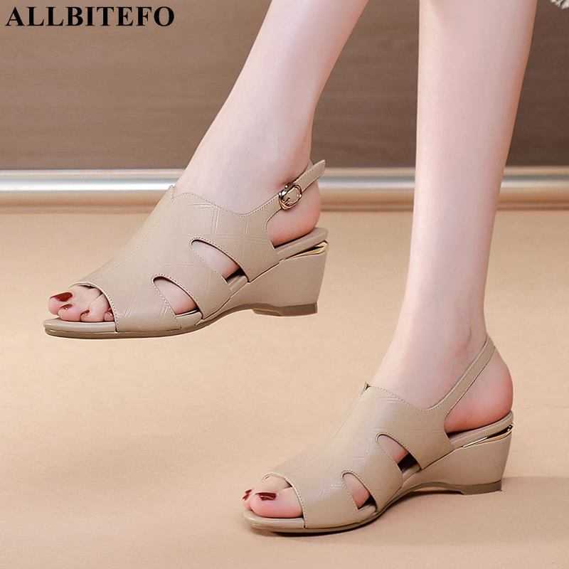 

ALLBITEFO Wedges Heel Open Toe Sandals Real Genuine Leather Summer Women Heels Sandals For Girls Fashion Casual High Heel Shoes 210611, As picture