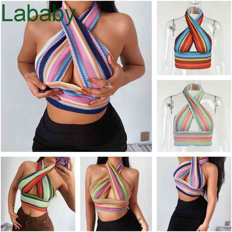 

Womens Tanks Designer Color Hanging Neck Sleeveless Sexy Slim Knit Cross Top Stripe Contrast Stitching Crop Tops Ladies Camis 5 Colours, Color 2