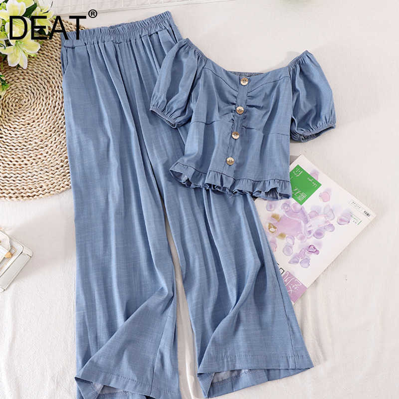 

DEAT Women Long Pants Arrivals Slash Neck Ruffles Pleated Two Piece Set Fashion Temperament Spring Summer 11D374 210709, Khaki