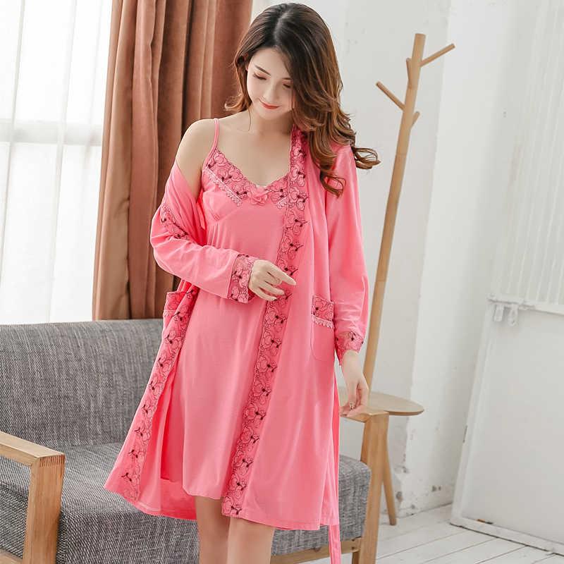 

Women's Sleepwear 2PCS Plus Size Sexy Cotton Robes Set For Women Spring Autumn Lace Long Sleeve Night Dress Bathrobe Two Piece Nightgown, Pink