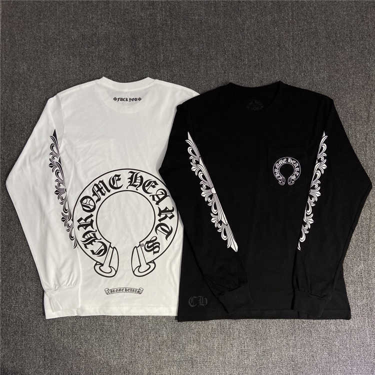 

hearts chrome Chao brand croxin horseshoe flower arm print men's and women's casual long sleeve T-shirt bottoms, Black