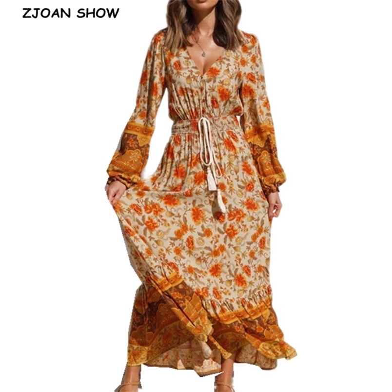 

Bohemia Buttons V neck Floral Print BOHO Long Sleeve Dress Woman Bow Strappy Lacing up Elastic Waist Holiday Dresses 210429, Orange