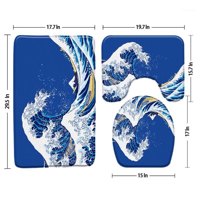 

Bath Mats Big Waves Mat Blue Background Bathroom 3-Piece Set Shower Rugs Toilet Cover Carpet U-Shaped Pad Products