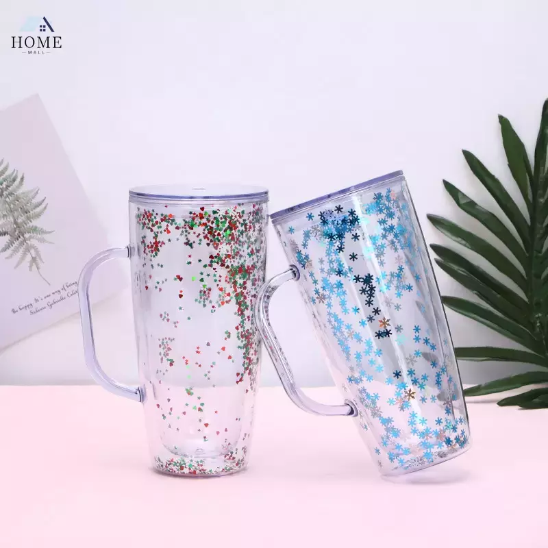 

750ml plastic Tumblers with Straws Clear Plastic Tumblers with handle Double Wall Travel mug regular tumbler sippy cup WY9, #1