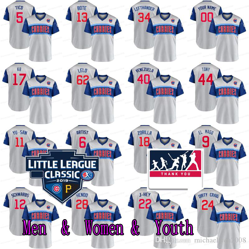 

9 Javier Baez El Mago CUBBIES Little League Classic Jersey Kris Rizzo 44 Tony Schwarber Schwarbs Heyward J-Hey BOAT VENEZUELA Darvish YU-SAN, Blue;black
