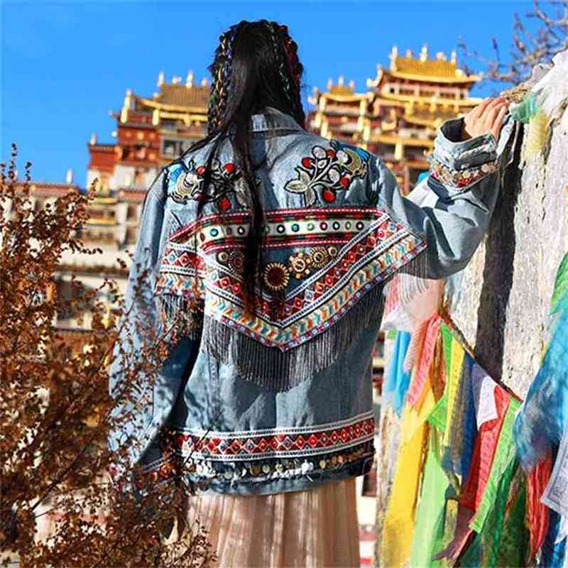 

Bohemian Denim Jacket Woman Embroidery Tassel Gypsy Bomber Coat Outwear Chaqueta Loose Blue Vintage 210603