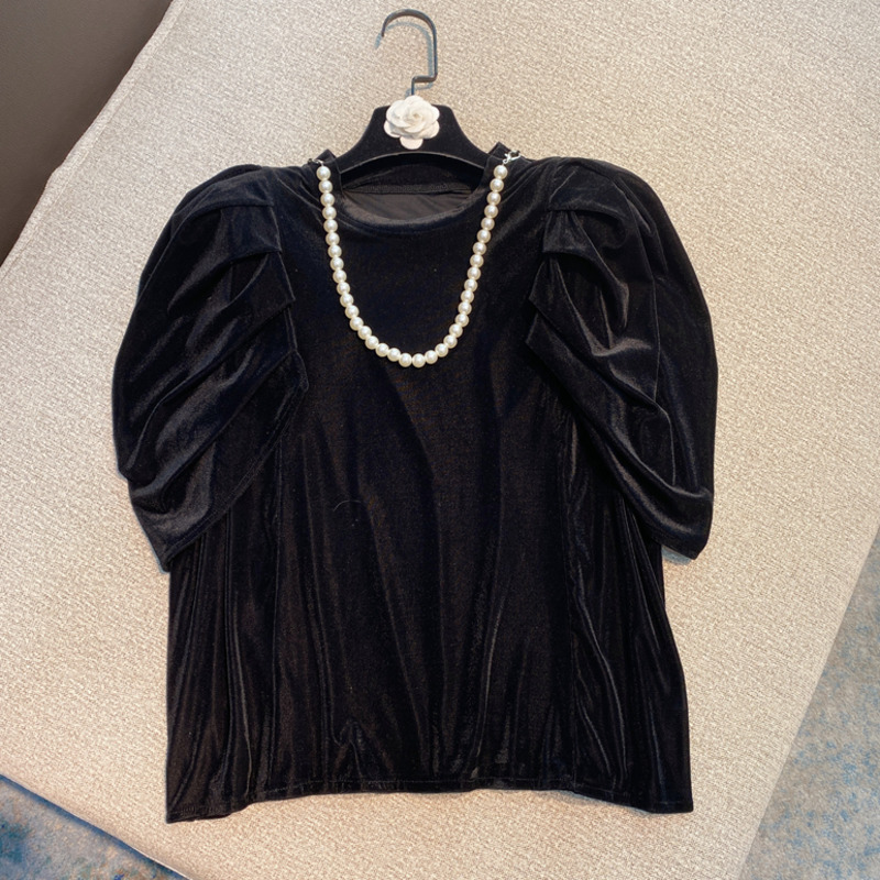 

Women T-shirt Solid Color Velvet Pearl Round Neck Short Sleeve Fashion Spring Summer Ladies HR333 210525, Apricot