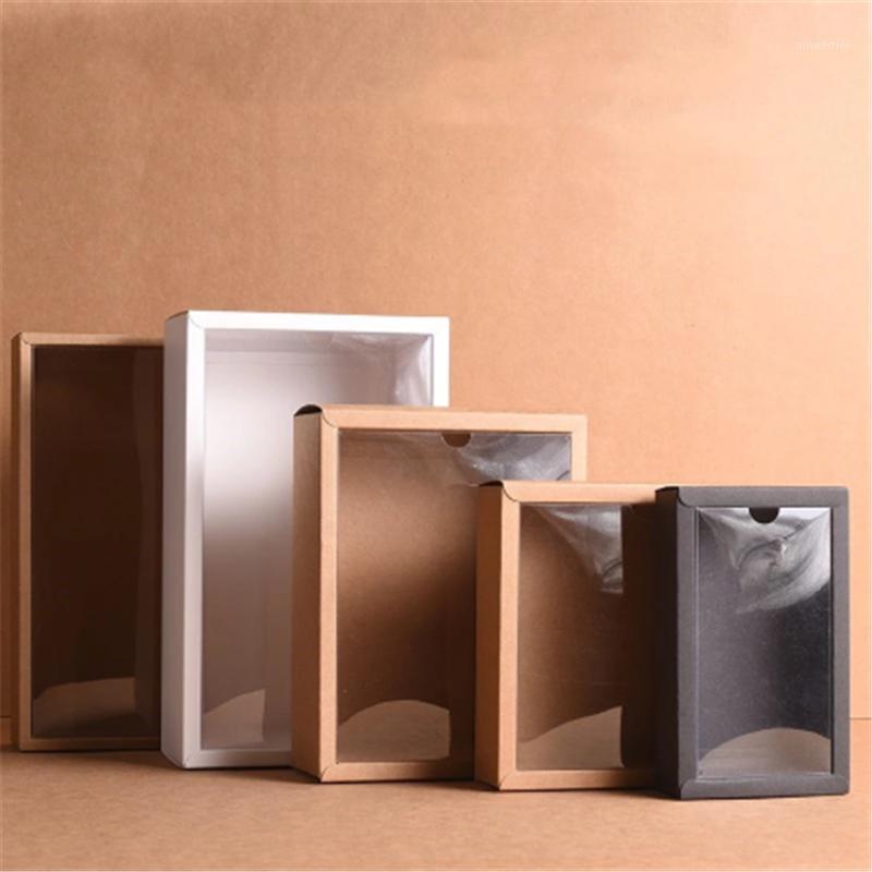 

Gift Wrap 10pcs Folding Kraft Paper Box With Transparent PVC Window Packaging Candy Favors Arts&krafts Display Package