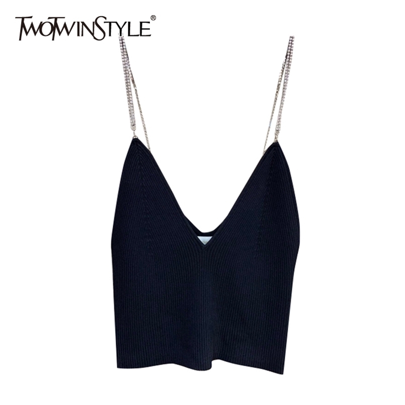 

Knitted Patchwork Diamond Tank Tops For Women V Neck Sleeveless Slim Sexy Vest Female Fashion Clothing Summer 210524, Black