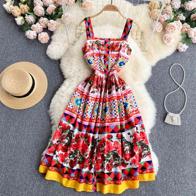 

Banulin Runway Designer Summer Spaghetti Strap Boho Dress Women' Charming Flower Print Midi Dresses Vestdios N78801 210603, Mixed color