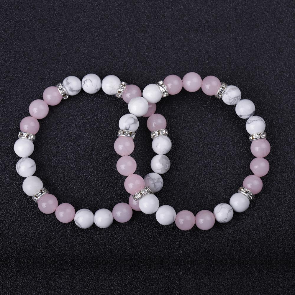

Lover 8mm Pink Stone Turquoise Beads Bracelet Women Men Bangle Beaded Hand Strings Couple, Golden;silver