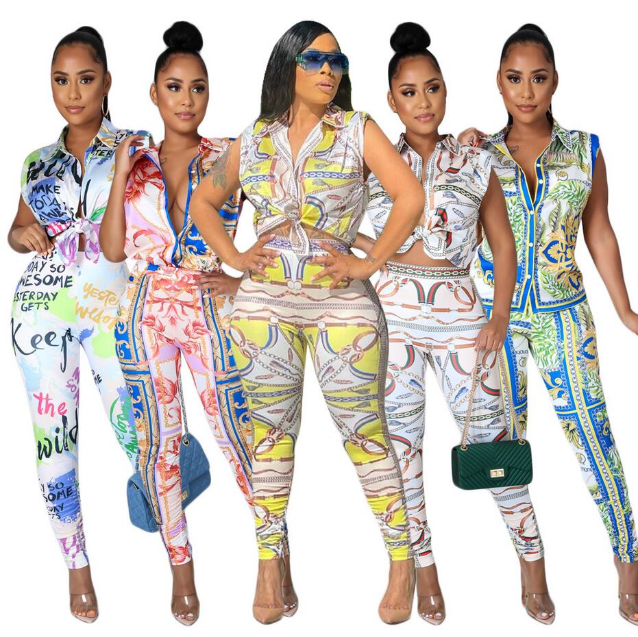 

J2467 European and American Women's Two Piece Pants Sleeveless Shirt Rich Noble Casual Printed Suit