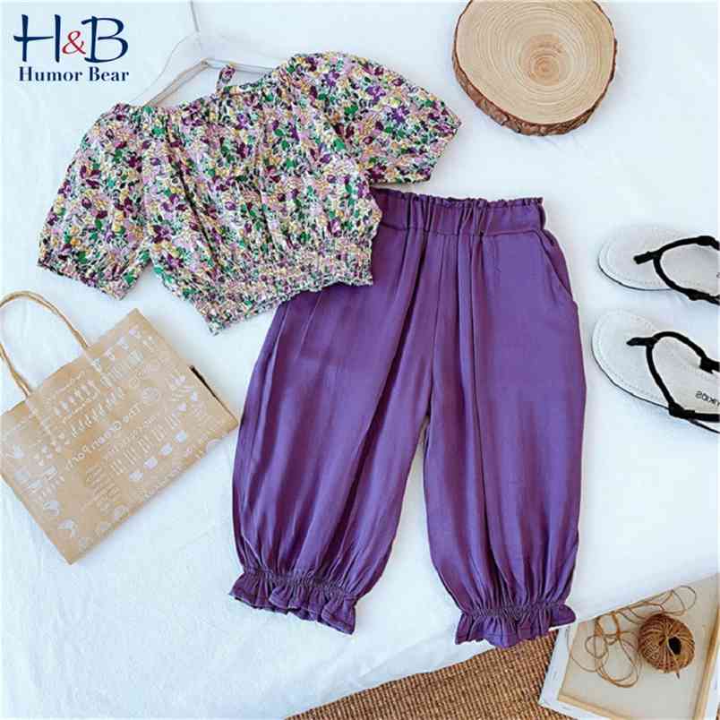 

Summer Girls Suit Floral Crushed Wrinkle Exposed Navel Top + Nine-Point Pants Outer 3-8 Years Old 210611, Bz1279 purple