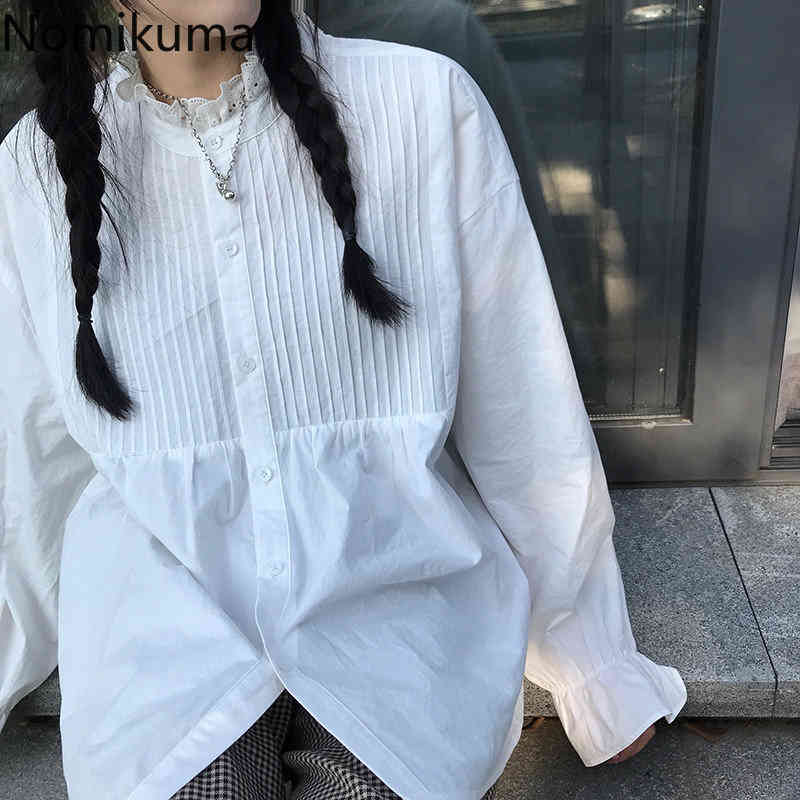 Nomikuma Lace Stand Neck Causal Women Blouses Korean Long Sleeve Single Breasted Blusas Femme Spring New Sweet Shirt 6E331 210427