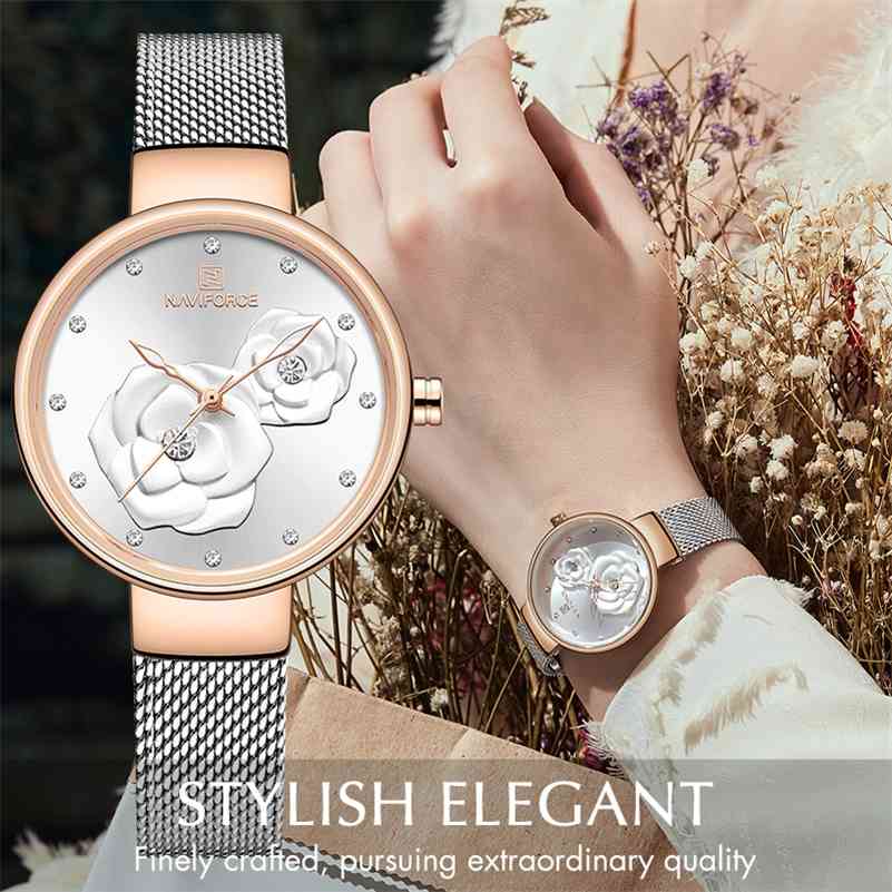 

NAVIFORCE Watches Women Top Brand Luxury Steel Mesh Ladies Quartz Watch Beautiful Flower Charming Girl Clock Relogio Feminino 210517, Silver gold white