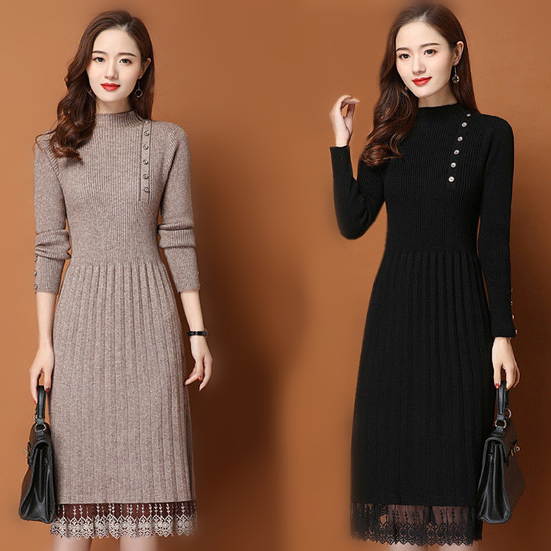 

Design Lace Hem Buttons Women Autumn Winter Sweater Knitted a line Dresses Ribbed Slim Elastic Long Sleeve Lady Bodycon Midi Dre, Blue