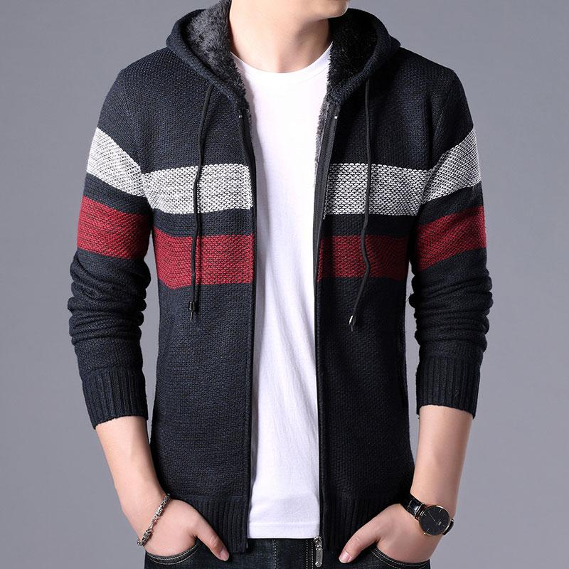 

Men's Sweaters Winter Fleece Cardigan Mens Sweater Men Fashioutn Hooded Striped Knit Owear Coat Man Warm Sweatercoat 3XL, White;black