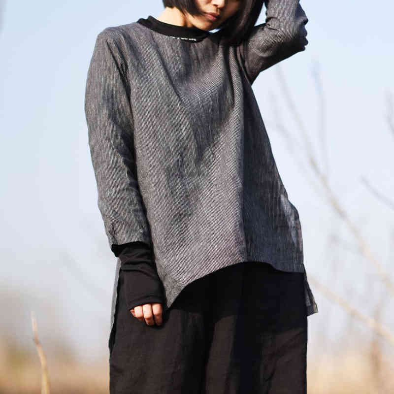 

Johnature Long Sleeved Women T-shirt Spring Korean Casual Loose Comfortable O-neck Stripe Color All-match T-shirt 210521, Dark grey
